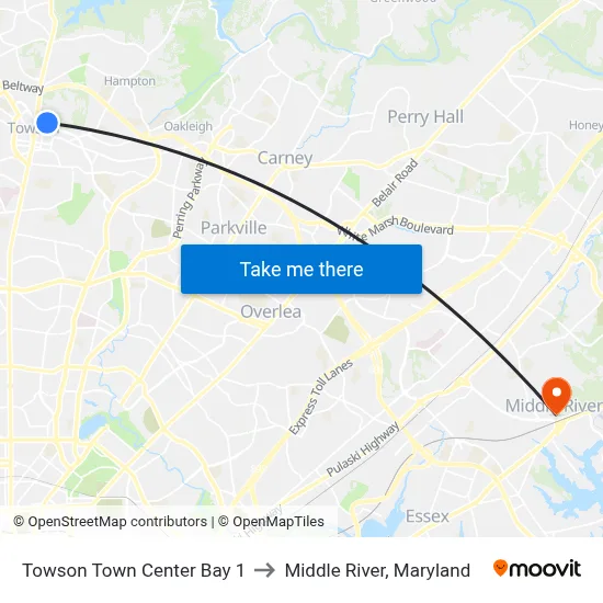 Towson Town Center Bay 1 to Middle River, Maryland map