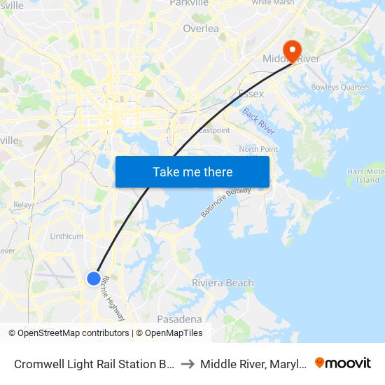 Cromwell Light Rail Station Bay 1 to Middle River, Maryland map