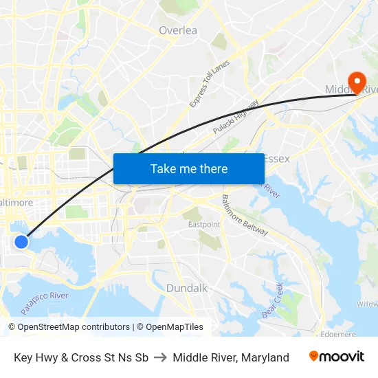 Key Hwy & Cross St Ns Sb to Middle River, Maryland map