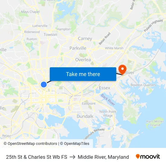 25th St & Charles St Wb FS to Middle River, Maryland map