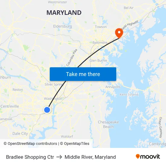 Bradlee Shopping Ctr to Middle River, Maryland map