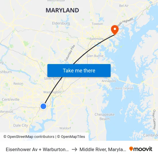 Eisenhower Av + Warburton St to Middle River, Maryland map