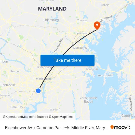 Eisenhower Av + Cameron Parke Pl to Middle River, Maryland map