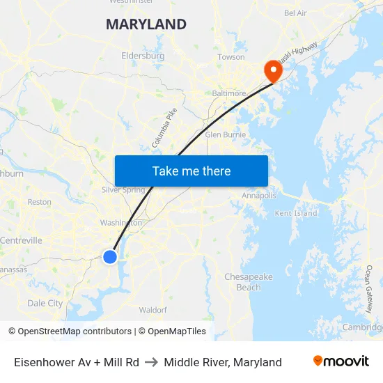 Eisenhower Av + Mill Rd to Middle River, Maryland map