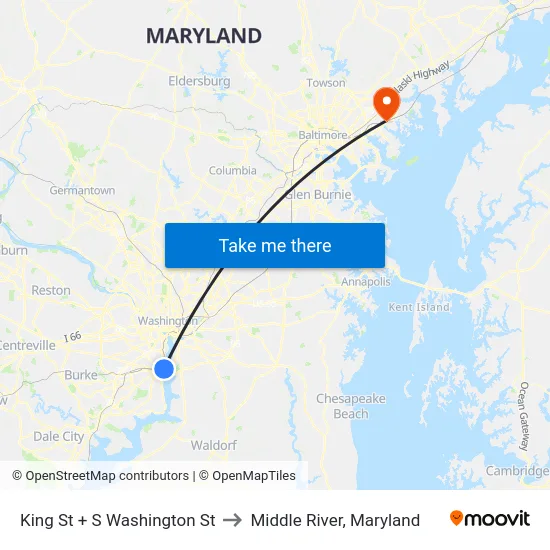 King St + S Washington St to Middle River, Maryland map