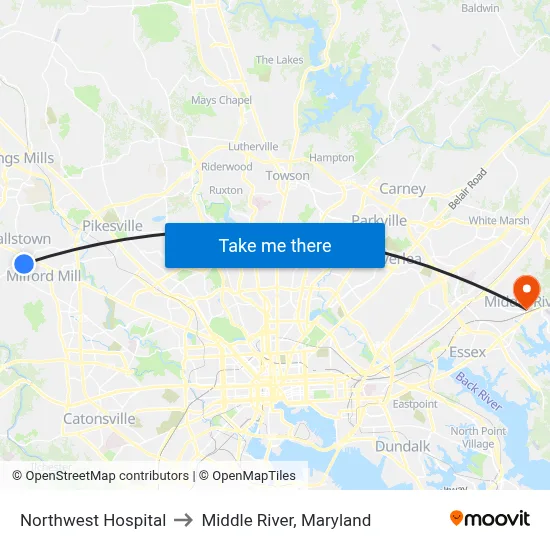 Northwest Hospital to Middle River, Maryland map