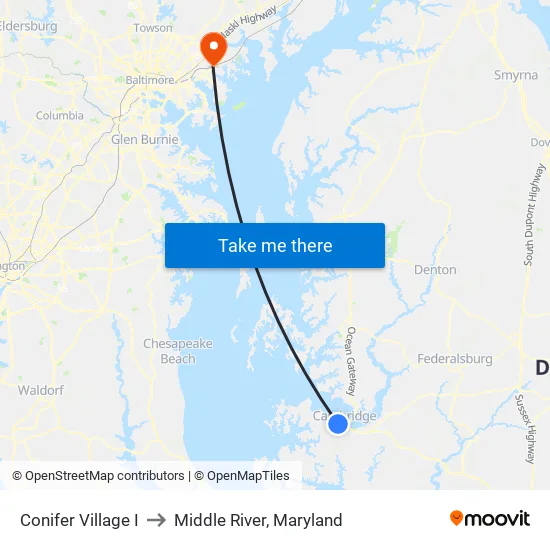 Conifer Village I to Middle River, Maryland map