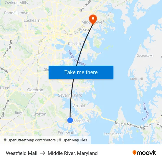 Westfield Mall to Middle River, Maryland map