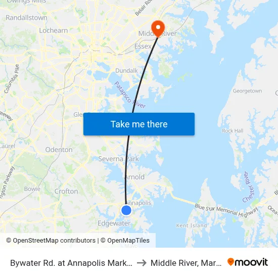 Bywater Rd. at Annapolis Marketplace to Middle River, Maryland map
