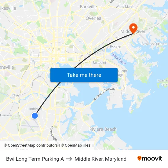 Bwi Long Term Parking A to Middle River, Maryland map