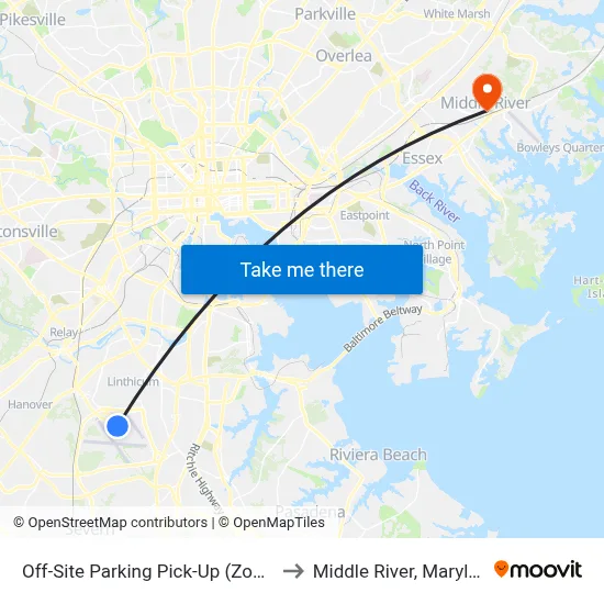 Off-Site Parking Pick-Up (Zone 4) to Middle River, Maryland map