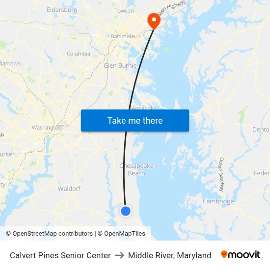 Calvert Pines Senior Center to Middle River, Maryland map