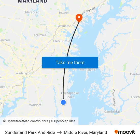 Sunderland Park And Ride to Middle River, Maryland map