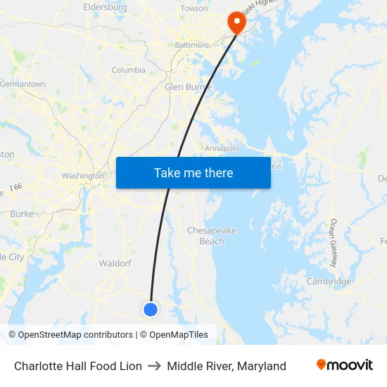 Charlotte Hall Food Lion to Middle River, Maryland map
