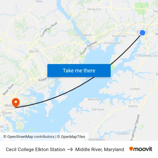 Cecil College Elkton Station to Middle River, Maryland map