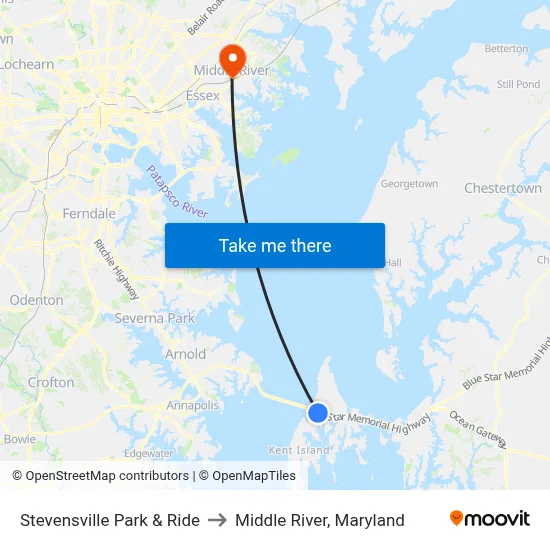 Stevensville Park & Ride to Middle River, Maryland map