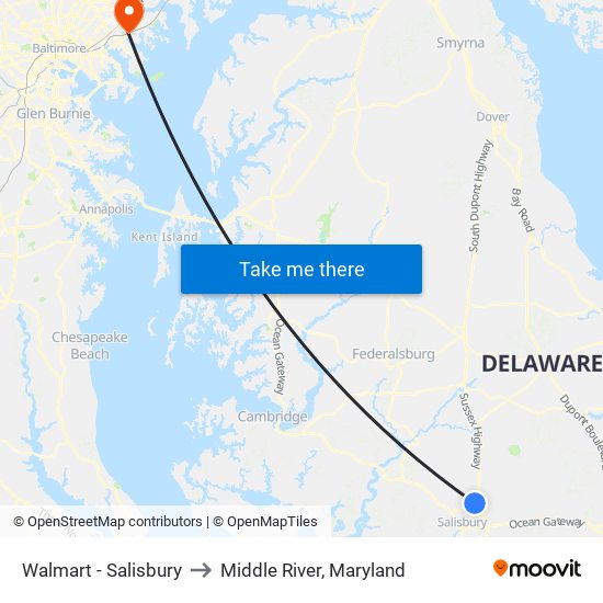 Walmart - Salisbury to Middle River, Maryland map