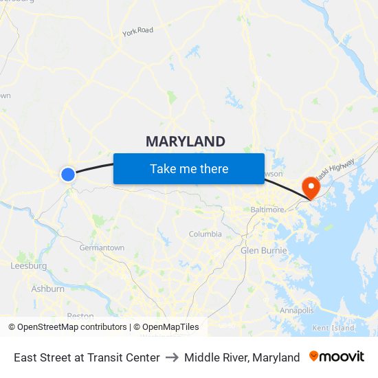 East Street at Transit Center to Middle River, Maryland map