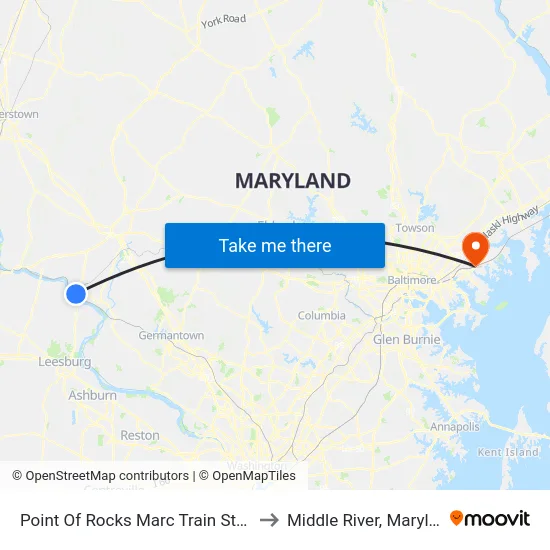 Point Of Rocks Marc Train Station to Middle River, Maryland map