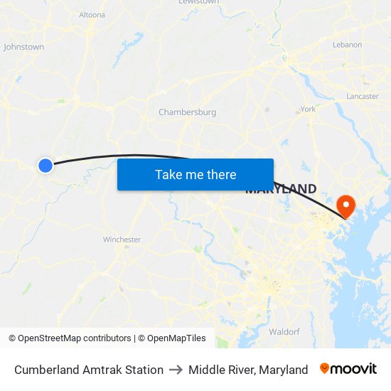 Cumberland Amtrak Station to Middle River, Maryland map