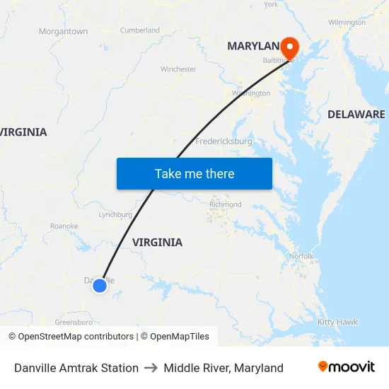 Danville Amtrak Station to Middle River, Maryland map