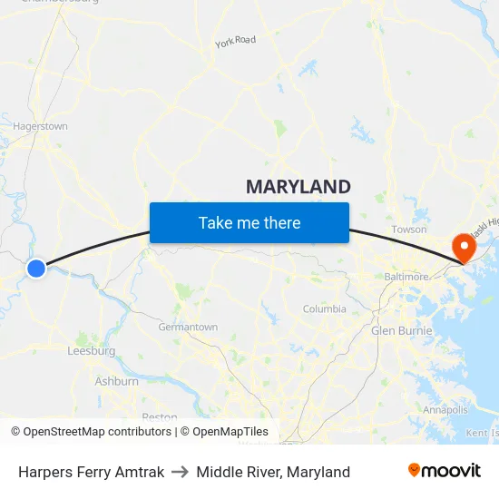 Harpers Ferry Amtrak to Middle River, Maryland map