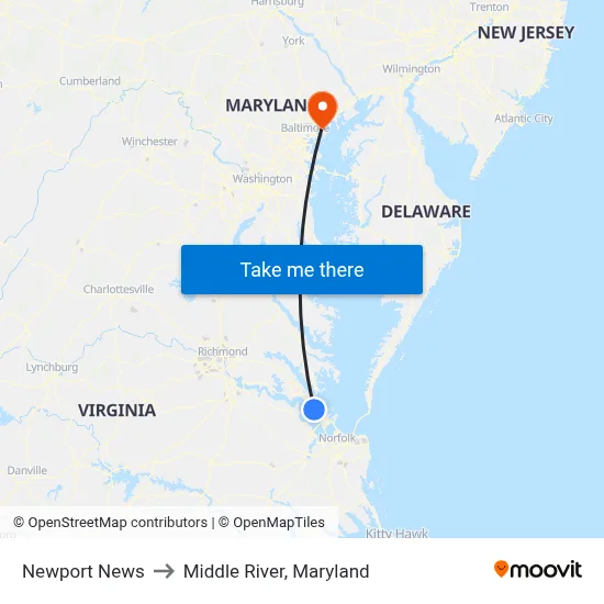 Newport News to Middle River, Maryland map