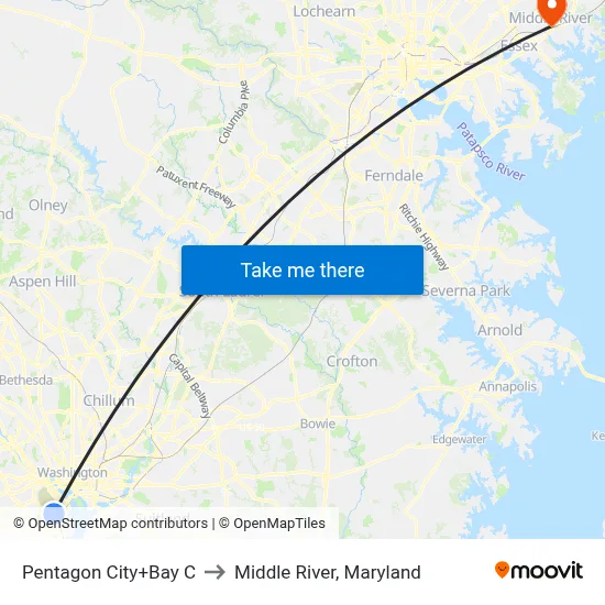 Pentagon City+Bay C to Middle River, Maryland map