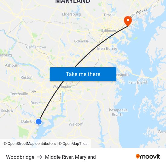 Woodbridge to Middle River, Maryland map