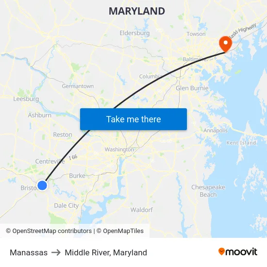 Manassas to Middle River, Maryland map