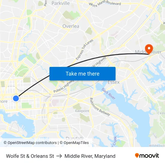 Wolfe St & Orleans St to Middle River, Maryland map