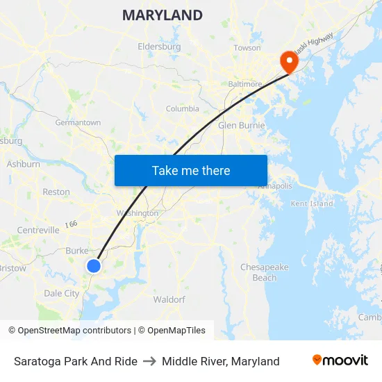 Saratoga Park And Ride to Middle River, Maryland map