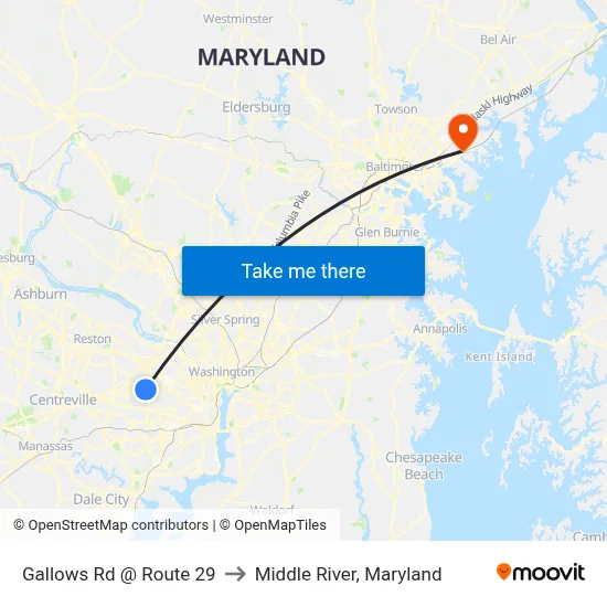 Gallows Rd @ Route 29 to Middle River, Maryland map