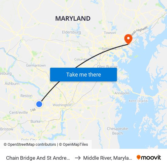 Chain Bridge And St Andrews to Middle River, Maryland map