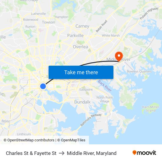 Charles St & Fayette St to Middle River, Maryland map