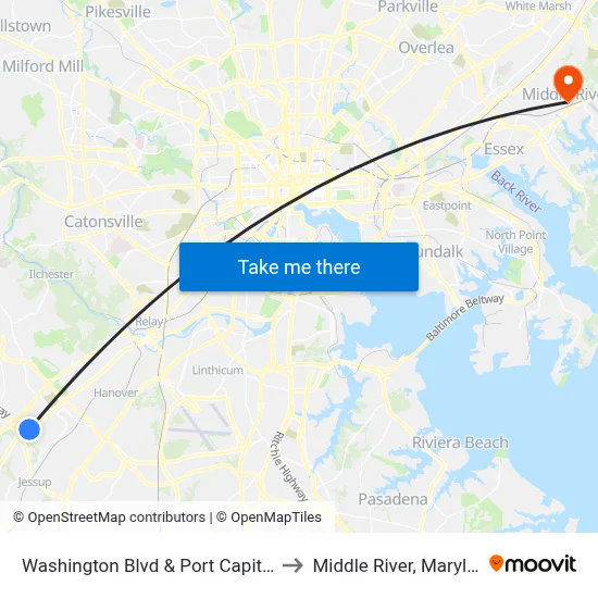 Washington Blvd & Port Capital Dr to Middle River, Maryland map