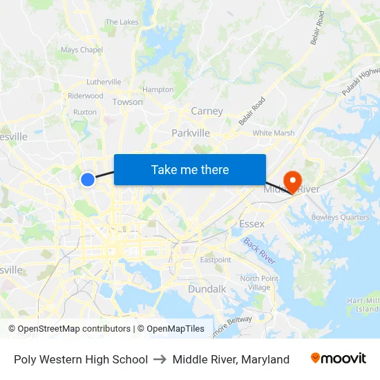 Poly Western High School to Middle River, Maryland map