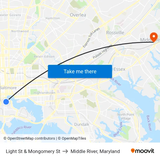 Light St & Mongomery St to Middle River, Maryland map