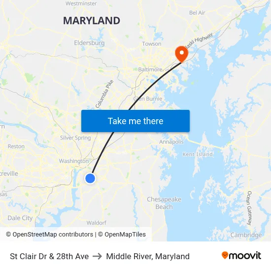 St Clair Dr & 28th Ave to Middle River, Maryland map