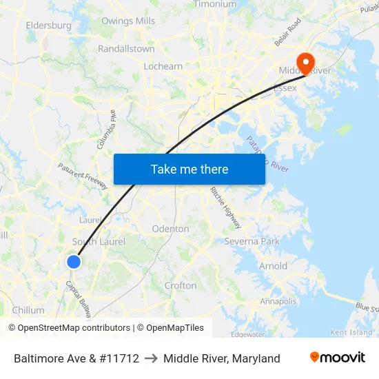 Baltimore Ave & #11712 to Middle River, Maryland map
