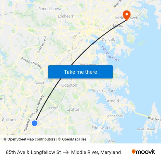 85th Ave & Longfellow St to Middle River, Maryland map