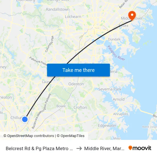 Belcrest Rd & Pg Plaza Metro Station to Middle River, Maryland map