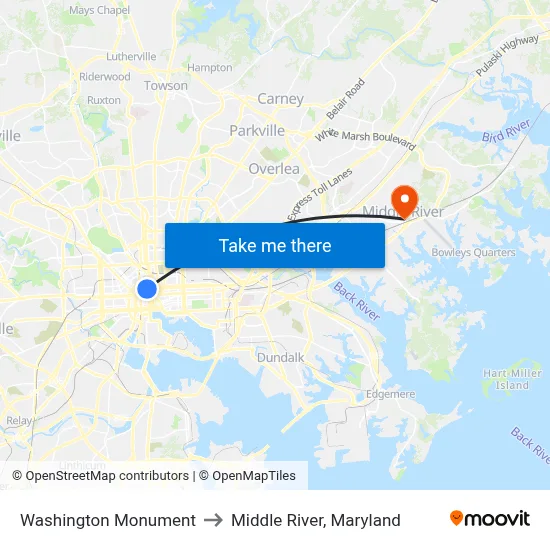 Washington Monument to Middle River, Maryland map