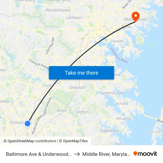 Baltimore Ave & Underwood St to Middle River, Maryland map
