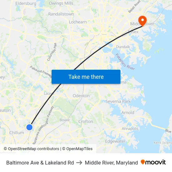Baltimore Ave & Lakeland Rd to Middle River, Maryland map