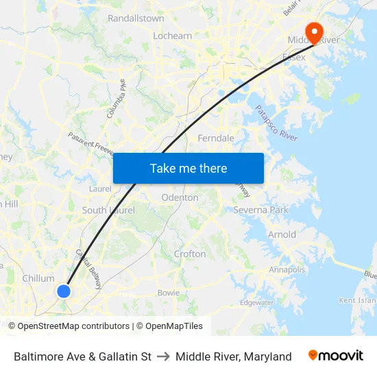 Baltimore Ave & Gallatin St to Middle River, Maryland map