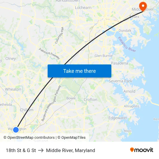 18th St & G St to Middle River, Maryland map