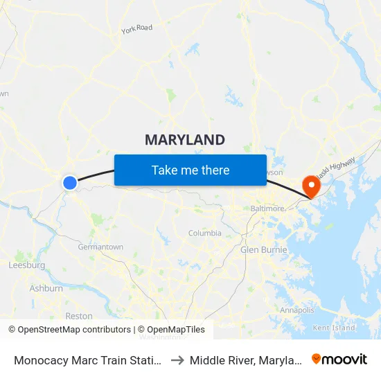 Monocacy Marc Train Station to Middle River, Maryland map