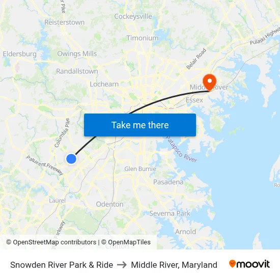 Snowden River Park & Ride to Middle River, Maryland map