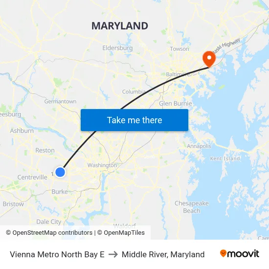 Vienna Metro North Bay E to Middle River, Maryland map